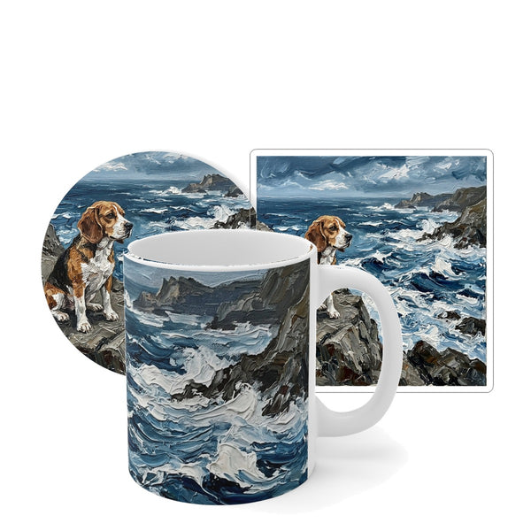 Beagle Coastal Cliffside Gift Set | Mug + Coaster + Sticker | Tritan