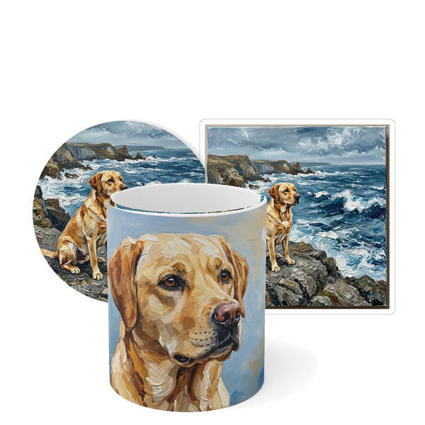 Labrador Retriever Coastal Cliffside Gift Set | Mug + Coaster + Sticker | Tritan