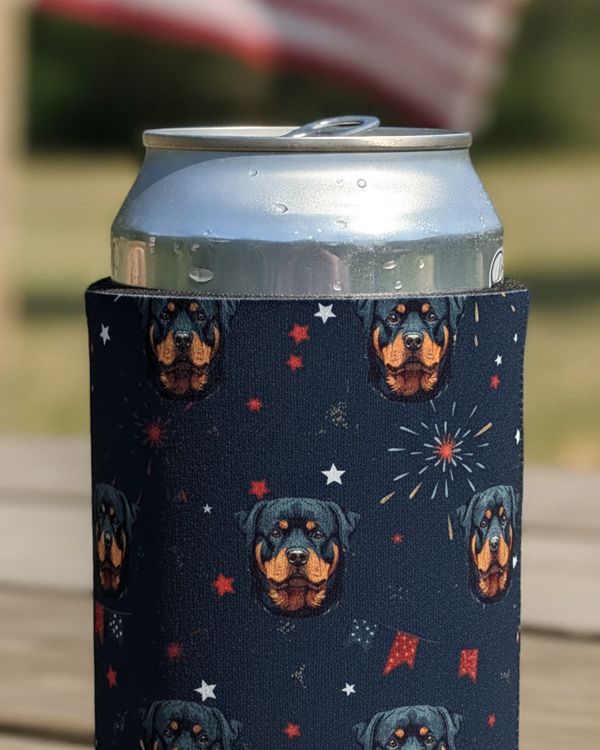 Rottweiler 4th of July Can Cooler | Patriotic Dog Pattern Drink Holder | Premium Insulated Gift for Dog Lovers