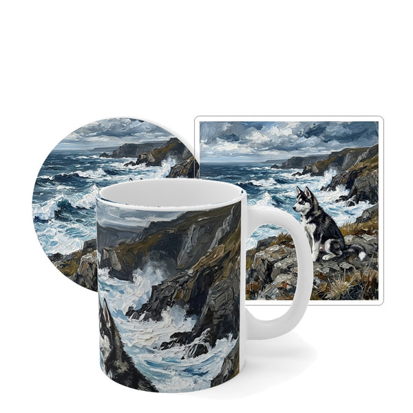 Siberian Husky Coastal Cliffside Gift Set | Mug + Coaster + Sticker | Tritan