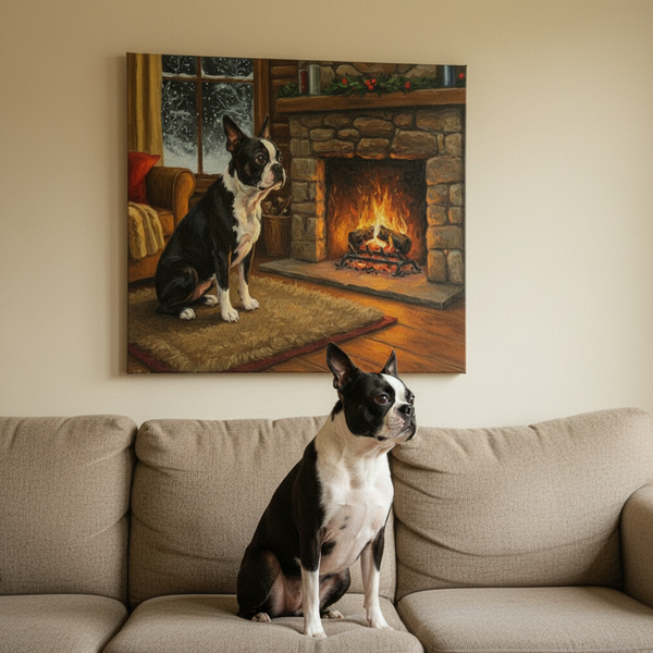 Boston Terrier Wall Art Canvas Print, Dog Lover Gift, Pet Portrait Acrylic Painting Home Decor, Cute Animal Art Gift — Lifestyle View