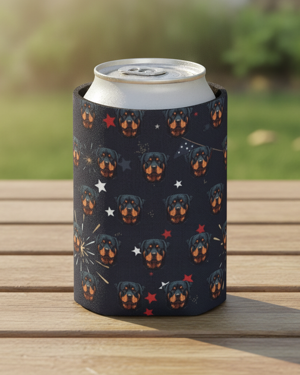 Rottweiler America 250 Can Cooler | Patriotic Dog Pattern Drink Holder | Premium Insulated Gift for Dog Lovers