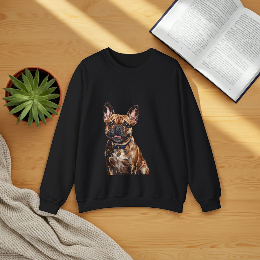 French Bulldog painterly crewneck flat lay on warm oak wood with a succulent, open book and knit blanket