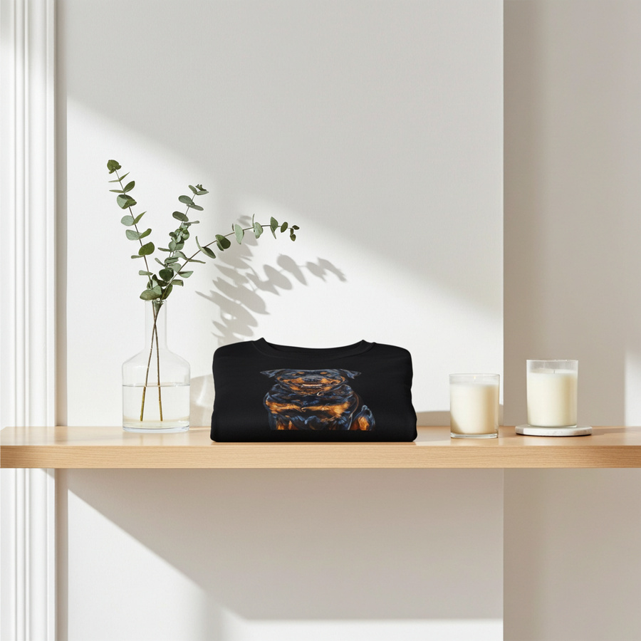 Rottweiler painterly crewneck folded on a wooden shelf with eucalyptus and a candle in soft light