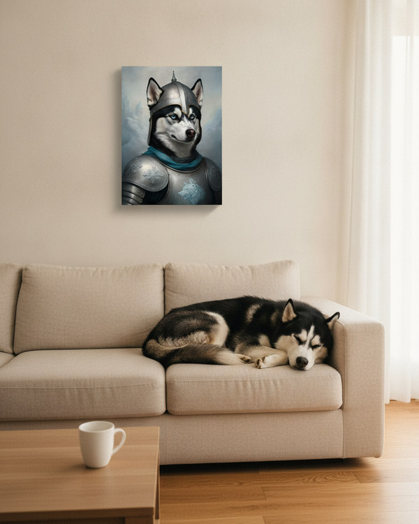 Siberian Husky Medieval Knight Portrait Canvas Wall Art, Regal Dog Painting, Siberian Husky Lover Gift, Stretched Canvas — Lifestyle View