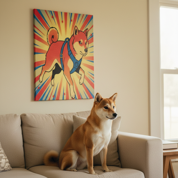 Shiba Inu Comic Book Canvas - Dynamic Pop Art with Halftone Dots, Bold Lines, and Retro Action Dog Wall Decor — Lifestyle View