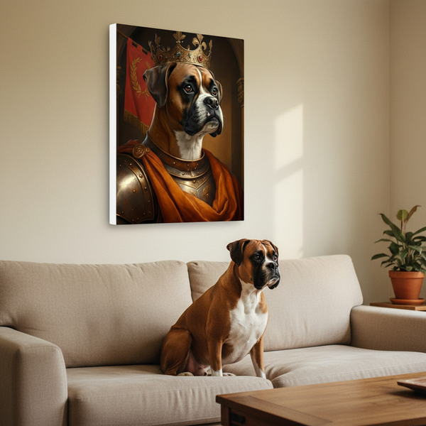 Boxer Kings & Queens Royal Portrait Canvas Wall Art, Regal Dog Painting, Boxer Lover Gift, Stretched Canvas — Lifestyle View