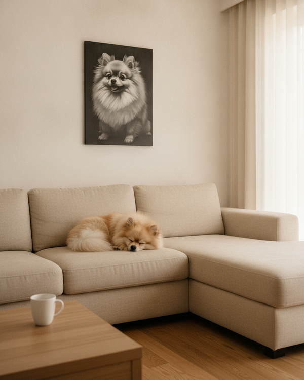 Pomeranian Charcoal Portrait Canvas Wall Art | Dog Lover Gift | Pet Memorial Print | Minimalist Animal Decor | Pomeranian Mom Dad Gift — Lifestyle View