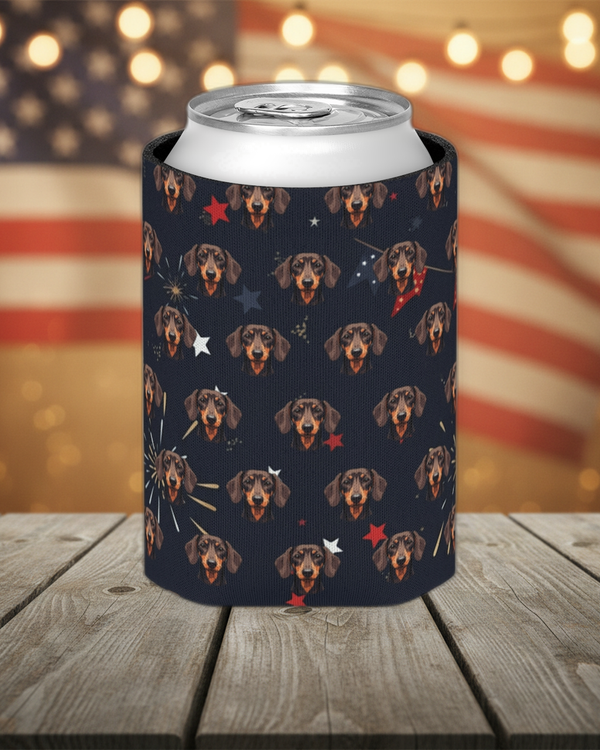 Dachshund America 250 Can Cooler, Patriotic Dog Pattern Wiener Dog Gift, American Flag Party Decor, Premium Beverage Holder