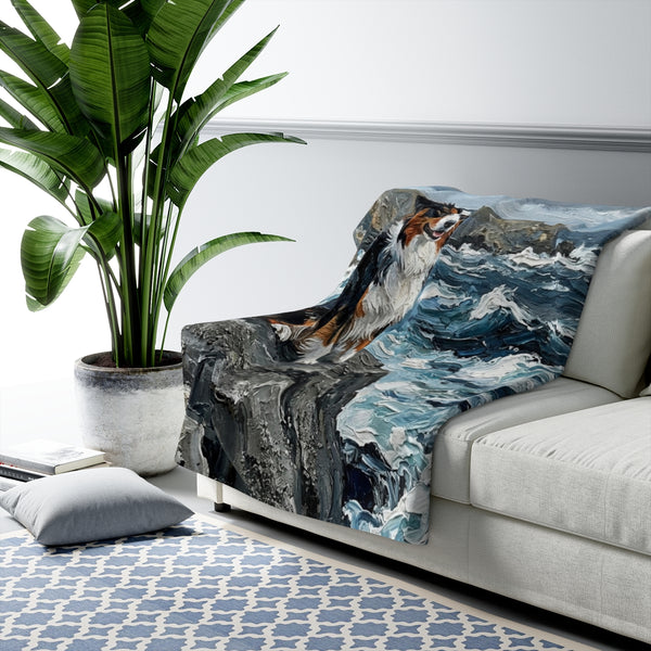 Australian Shepherd Coastal Cliffside Sherpa Fleece Blanket | Acrylic Painting Style — Lifestyle View