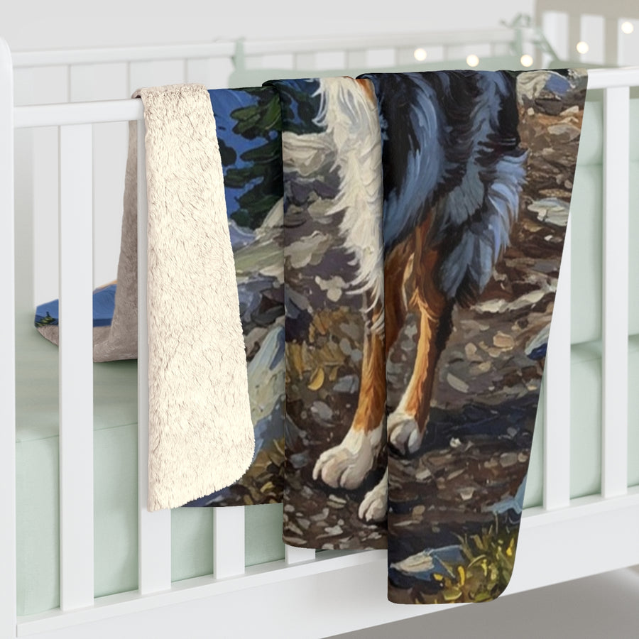 Australian Shepherd Acrylic sherpa blanket by Tritan, on bed