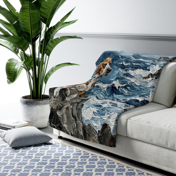 Beagle Coastal Cliffside Sherpa Fleece Blanket | Acrylic Painting Style — Lifestyle View