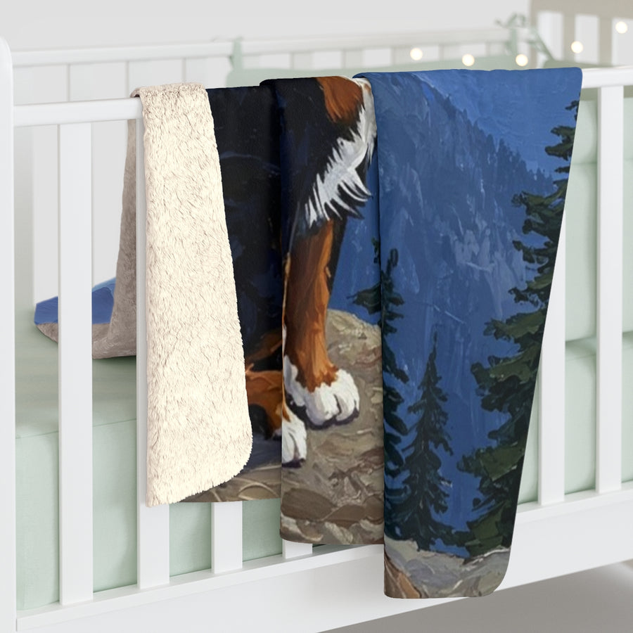 Bernese Mountain Dog Acrylic sherpa blanket by Tritan, on bed