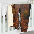 Border Collie Acrylic sherpa blanket by Tritan, on bed