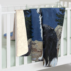 Border Collie Acrylic sherpa blanket by Tritan, on bed