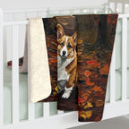 Corgi Acrylic sherpa blanket by Tritan, on bed