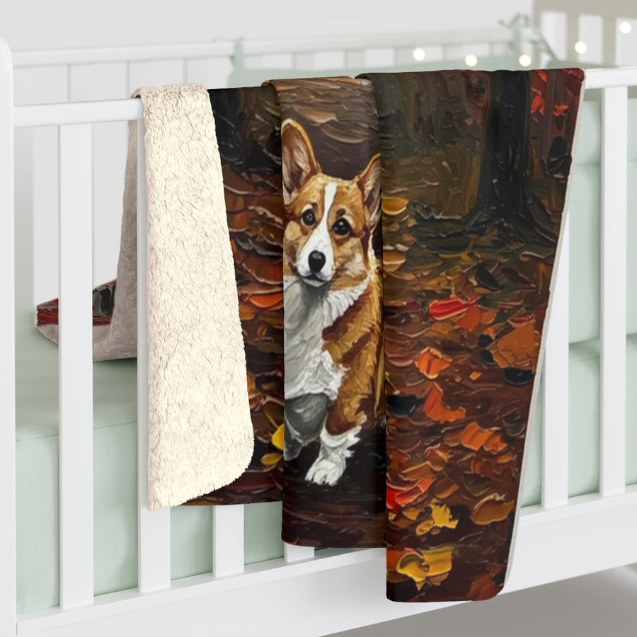 Corgi Acrylic sherpa blanket by Tritan, on bed