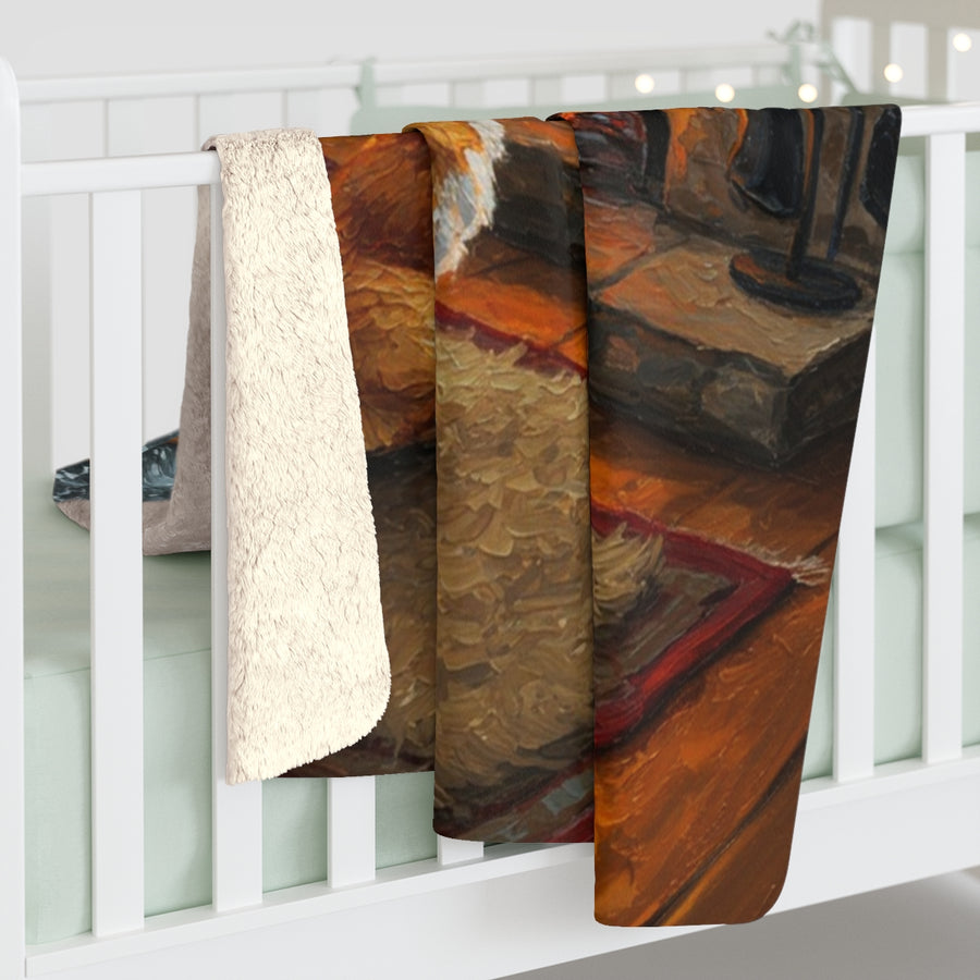 Corgi Acrylic sherpa blanket by Tritan, on bed
