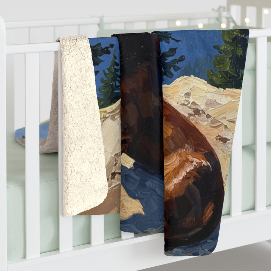 Dachshund Acrylic sherpa blanket by Tritan, on bed