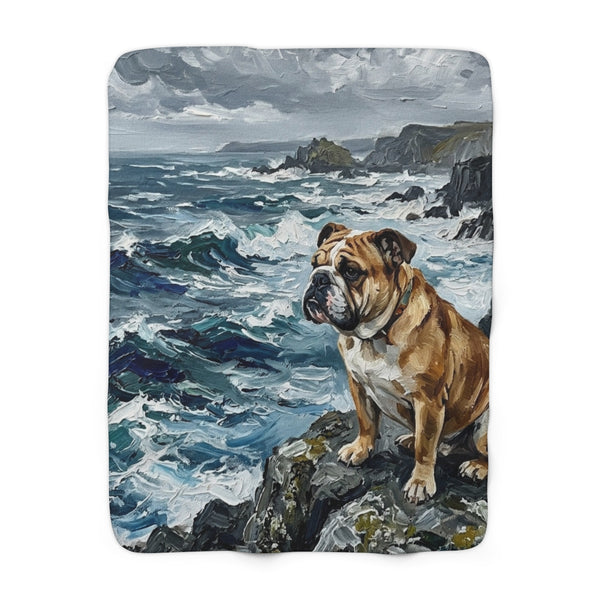English Bulldog Coastal Cliffside Sherpa Fleece Blanket | Acrylic Painting Style
