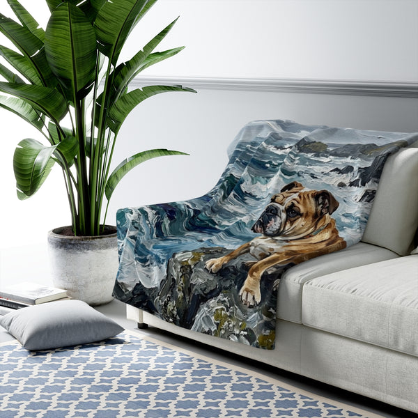 English Bulldog Coastal Cliffside Sherpa Fleece Blanket | Acrylic Painting Style — Lifestyle View