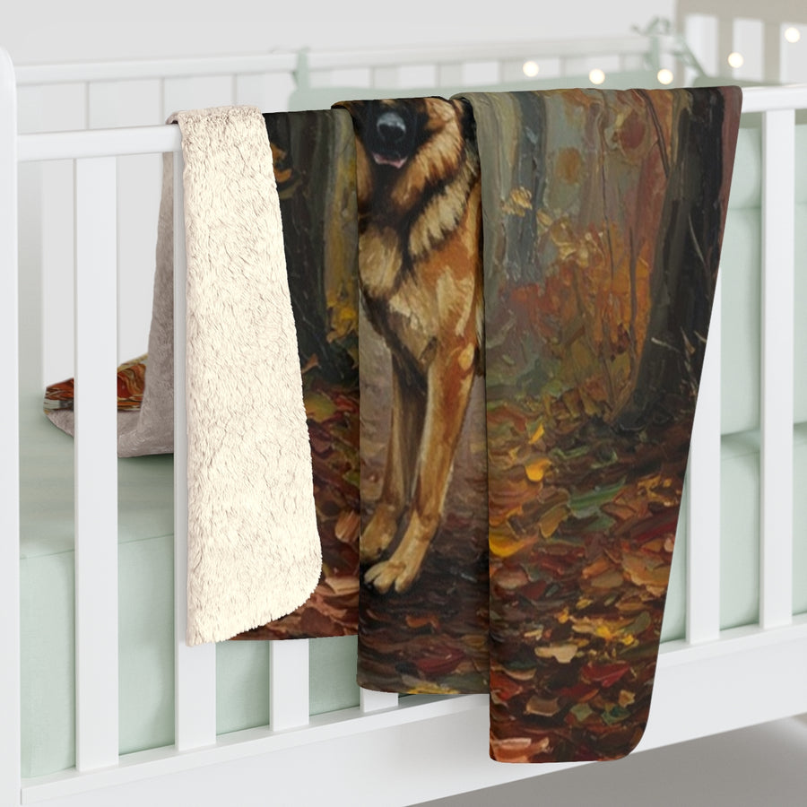 German Shepherd Acrylic sherpa blanket by Tritan, on bed
