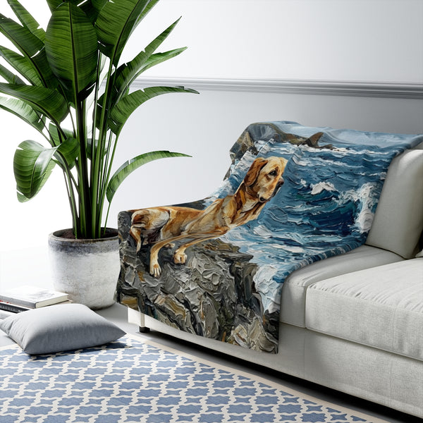 Labrador Retriever Coastal Cliffside Sherpa Fleece Blanket | Acrylic Painting Style — Lifestyle View