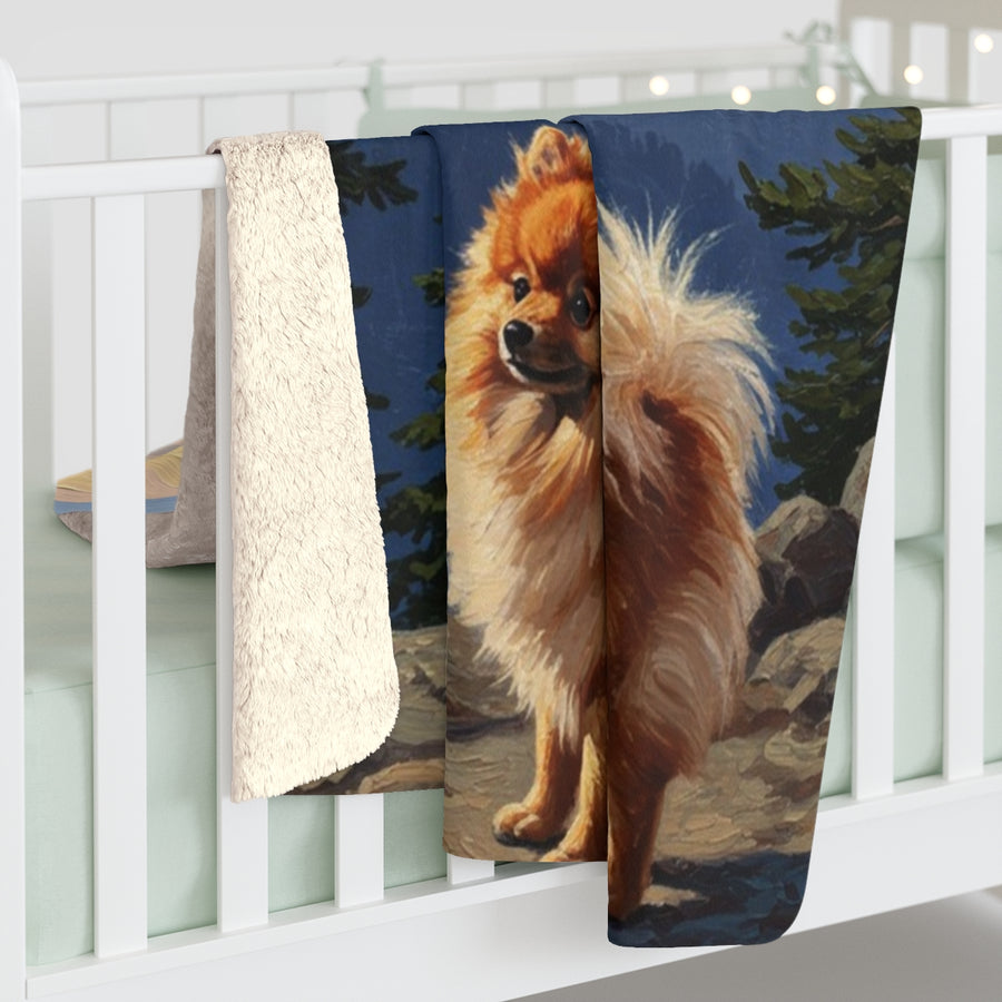 Pomeranian Acrylic sherpa blanket by Tritan, on bed
