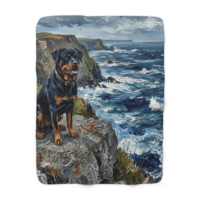 Rottweiler Coastal Cliffside Sherpa Fleece Blanket | Acrylic Painting Style