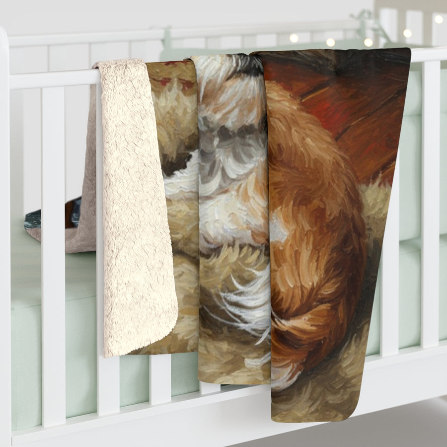 Shih Tzu Acrylic sherpa blanket by Tritan, on bed