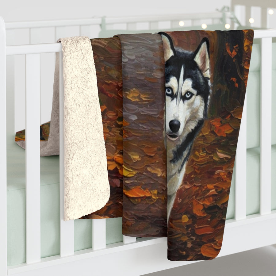 Siberian Husky Acrylic sherpa blanket by Tritan, on bed