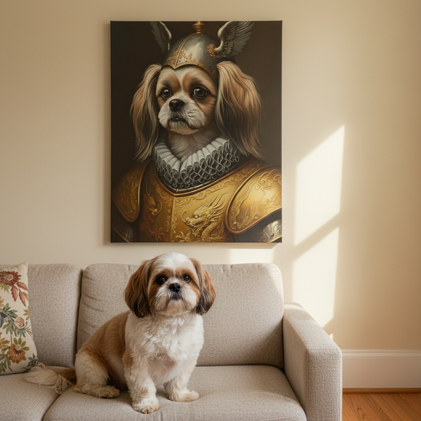 Shih Tzu Medieval Knight Portrait Canvas Wall Art, Regal Dog Painting, Shih Tzu Lover Gift, Stretched Canvas — Lifestyle View