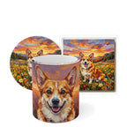 Corgi Sunset Prairie Gift Set — mug, coaster and sticker gift set with matching dog art