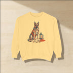 German Shepherd Halloween Sweatshirt laid flat on a warm limestone surface, shot from overhead
