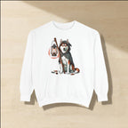 Husky Halloween Sweatshirt laid flat on a warm limestone surface, shot from overhead