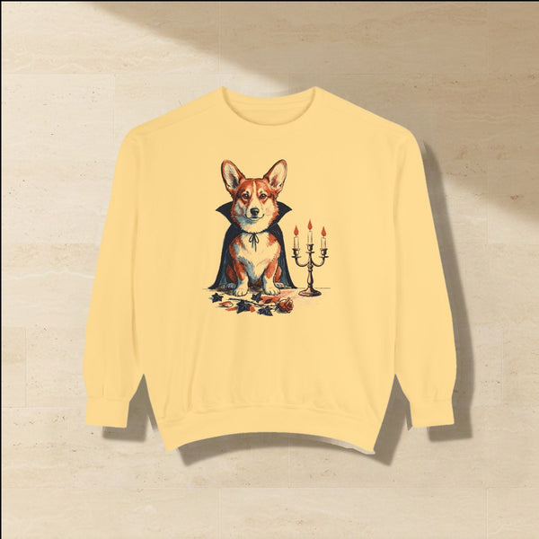 Corgi Halloween Sweatshirt laid flat on a warm limestone surface, shot from overhead