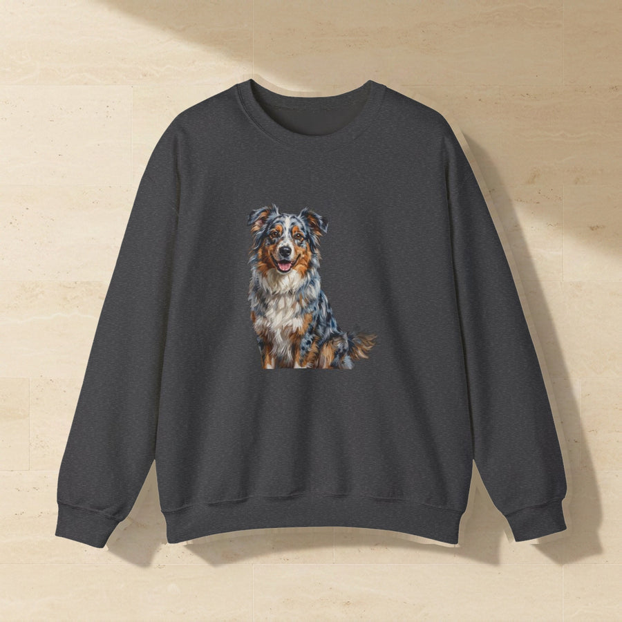 Australian Shepherd Sweatshirt laid flat on a warm limestone surface, shot from overhead