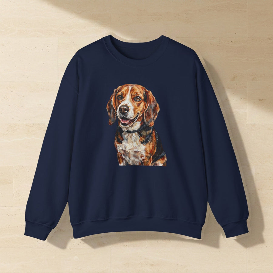 Beagle Sweatshirt laid flat on a warm limestone surface, shot from overhead