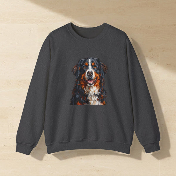 Bernese Mountain Dog Sweatshirt laid flat on a warm limestone surface, shot from overhead