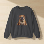 English Bulldog Sweatshirt laid flat on a warm limestone surface, shot from overhead