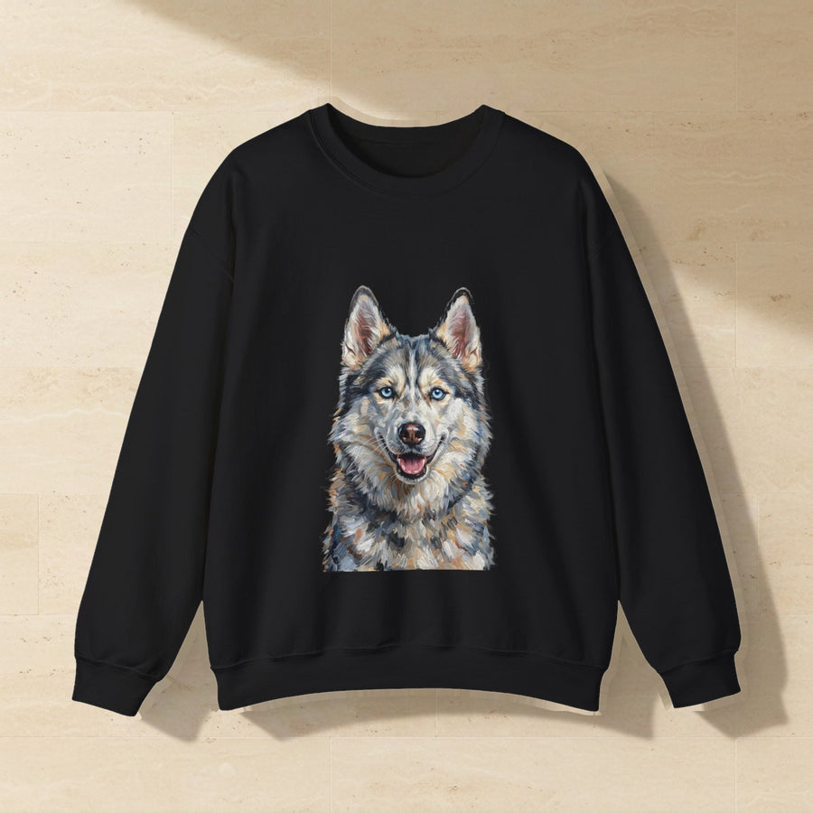 Siberian Husky Sweatshirt laid flat on a warm limestone surface, shot from overhead