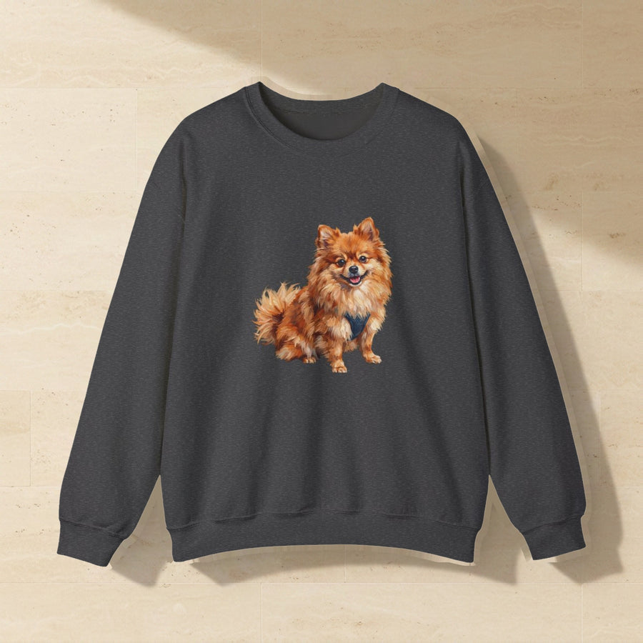 Pomeranian Sweatshirt laid flat on a warm limestone surface, shot from overhead