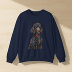 Standard Poodle Sweatshirt laid flat on a warm limestone surface, shot from overhead