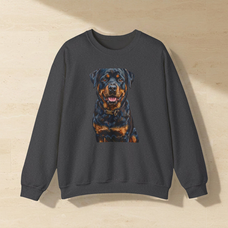 Rottweiler Sweatshirt laid flat on a warm limestone surface, shot from overhead