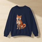 Shiba Inu Sweatshirt laid flat on a warm limestone surface, shot from overhead