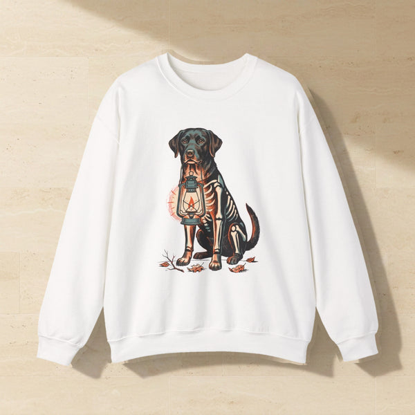 Labrador Halloween Crewneck laid flat on a warm limestone surface, shot from overhead