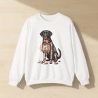 Labrador Halloween Crewneck laid flat on a warm limestone surface, shot from overhead