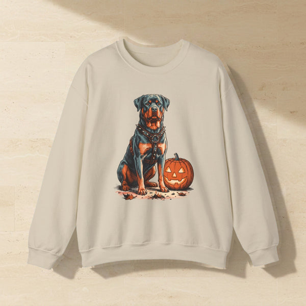 Rottweiler Halloween Crewneck laid flat on a warm limestone surface, shot from overhead