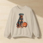 Rottweiler Halloween Crewneck laid flat on a warm limestone surface, shot from overhead