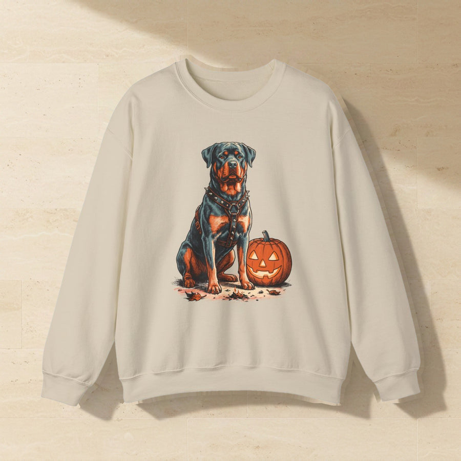 Rottweiler Halloween Crewneck laid flat on a warm limestone surface, shot from overhead